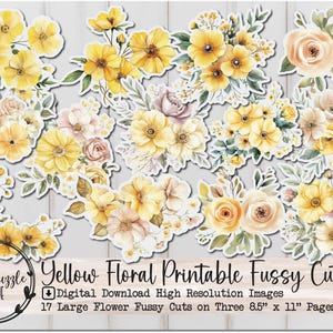 Gele grote bloem kieskeurig gesneden kortstondige pagina's - 17 afdrukbare digitale download van hoge kwaliteit - Junk Journal Supplies, plakboek, shabby chic