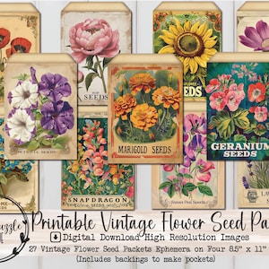 Paquete de semillas de flores vintage - Efímeras imprimibles para diarios basura (descarga digital)