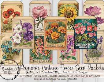 Paquete de semillas de flores vintage - Efímeras imprimibles para diarios basura (descarga digital)