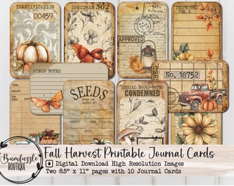 Fall Harvest Journal Cards Ephemera Page - 10 High Quality Printable Digital Download - Junk Journal Supplies, Autumn Tags Scrapbook Vintage