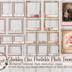 May include: A collection of pink and beige Shabby Chic printable photo frames. The frames feature floral and patterned designs, with a vintage aesthetic. The image includes a family portrait and a rose illustration. Text on the image reads "Shabby Chic Printable Photo Frames".