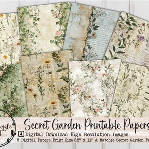 Papéis Secret Garden, 8 páginas imprimíveis digitais para download - Papel para diário, materiais para scrapbooking com tema de floresta encantada e flores