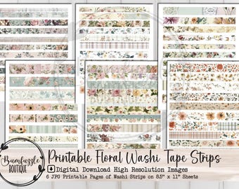 May include: Six printable pages of floral washi tape strips. Each page features a variety of floral patterns in pink, blue, and green on a white background. The pages are 8.5 inches by 11 inches.