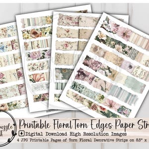 Strisce di carta con bordi strappati a tema floreale - 4 pagine di alta qualità, stampabili, scaricabili digitalmente - Fascia addominale, adesivo per bordi, diario vintage con rose