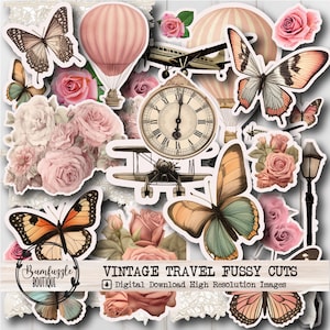 Vintage reizen rustieke kieskeurig gesneden Ephemera pagina's - afdrukbare digitale download - Printables - Junk Journal Rose, auto's, vlinders, clipart