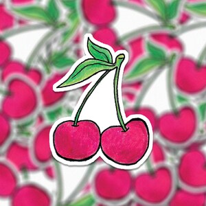 cherry fruit sticker // hand-drawn cherry vinyl laptop sticker, decal, illustration