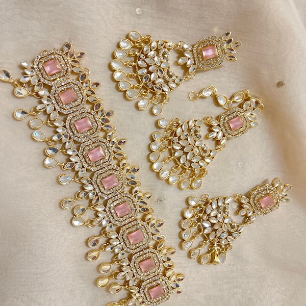 The Enchanted. Enchanted Pink Stone Indian Necklace Set with Shimmering Accents