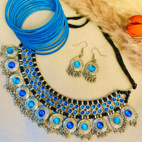 Blue Oxidised Necklace Bangles and Earrings set Round Design Pakistani Indian Oxidised Jewellery Set