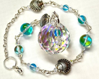 Suncatcher, Aqua And Silver Shells Suncatcher With Crystal Prism Globe, Window Decor, Beach Decor, Graduation Gift, Window Prism, Gift