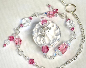 Atrapasueños de cristal, atrapasol de rosa rosa y cristal transparente Swarovski con globo de prisma de cristal, decoración de ventana, cristal colgante, regalo de novia,