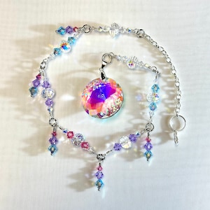 Aqua, Pink, And Violet Suncatcher With Clear AB Prism Disc, Window Décor, Hanging Crystal, Window Prism, Mother&#39;s Day Gift, Rainbow Maker