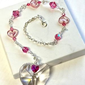 Crystal Suncatcher, Pink Crystals And Hearts With Crystal Heart Prism, Window Décor, Hanging Crystals, Rainbow Maker, Valentine&#39;s Gift