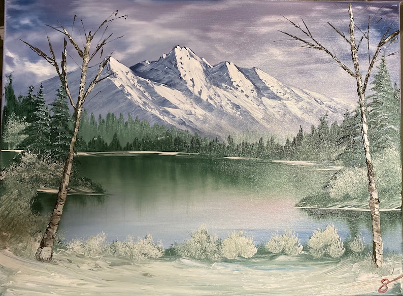 Bob Ross Style Landscape Winter Mountain with Birch Trees image 1