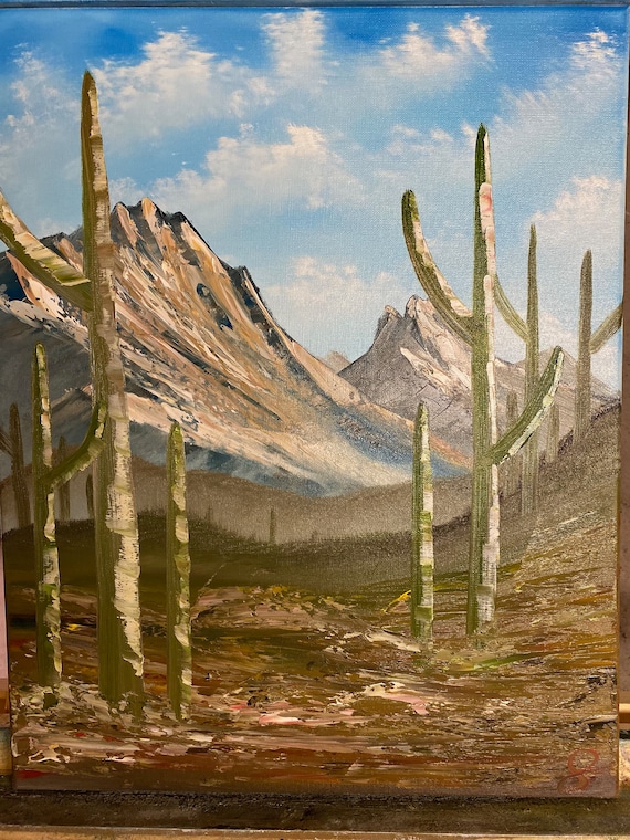 Bob Ross Style Landscape - Cheerful Desert Cactus