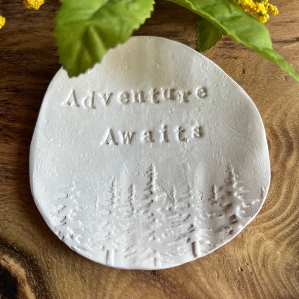 Handmade Adventure Awaits Air Dry Clay Trinket Tray, Boho Nature Theme Clay Ring Dish