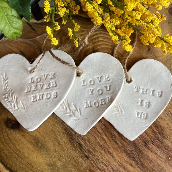 Handmade Clay Ornament Tag Set, Love Never Ends, This is Us, Love You More Air Dry Clay Heart Tags Gift Bag