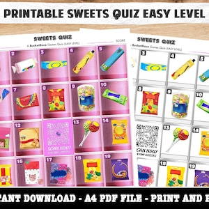 May include: Printable sweets quiz game with two pages, each with 19 squares. Each square contains a picture of a different candy or sweet. The game is designed for easy level play. The text "Printable Sweets Quiz Easy Level" is at the top of the page. The text "A BucketRace Games Quiz (Easy Level)" is at the top of each page. The text "Scan Now" and "Can Now" are in the middle of each page.