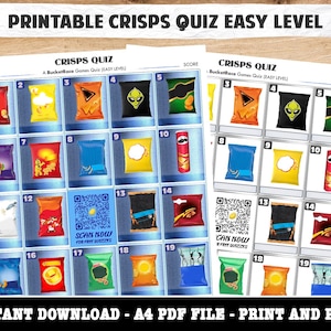 May include: Printable crisps quiz game with 19 squares, each featuring a different type of crisps. The quiz is easy level and includes a score section. The text "Scan Now for Free Goodies" is included on the quiz.