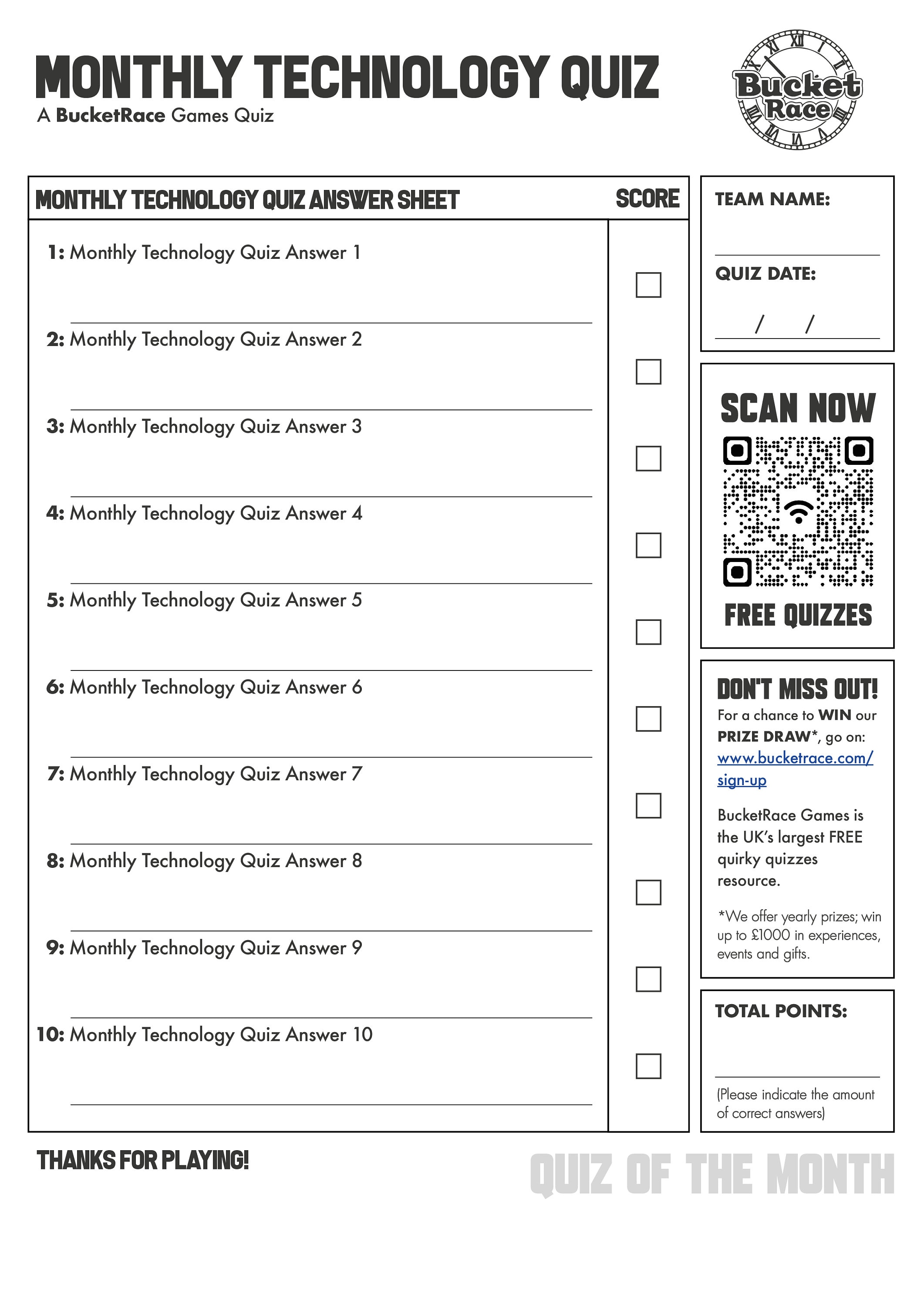 Printable Quiz of the Week/month Answer Sheet - Etsy