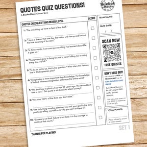 Può includere: Un quiz stampabile in bianco e nero con 10 domande su citazioni famose. Il quiz è intitolato "Quotes Quiz Questions!" e fa parte di una serie chiamata "BucketRace Games".