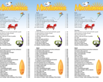 May include: A printable checklist with a list of activities to do at the beach. The list is divided into two categories: Easy and Medium. The activities include getting on a boat, finding the sea, squawking at a seagull, licking an ice lolly, crab walking across a zebra crossing, trying on outrageous sunglasses, listening to a shell, walking on water, waving at a wave, catching a frisbee, wearing a bucket on your head and holding a spade, splashing about in a body of water, digging a hole in the sand, imitating a fish out of water in public, flying a kite, running through sprinklers, planking on a sun lounger, surfing on a surfboard, and imitating a starfish in public.