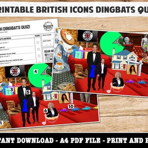 以下が含まれることがあります： 赤、白、青のユニオンジャックの旗、赤いカーペット、赤い2階建てバス、赤い電話ボックス、黒いタクシー、バッキンガム宮殿の衛兵など、さまざまなイギリスのアイコンが描かれた、印刷可能なイギリスのアイコンのクイズゲーム。クイズは10問と回答があります。