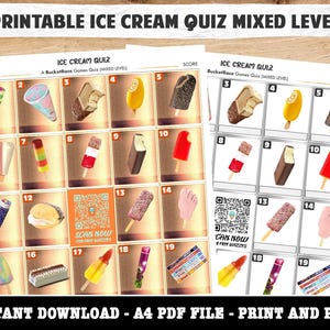 Può includere: Gioco di quiz sul gelato stampabile con 19 diverse immagini di gelato. Il gioco è progettato per livelli misti e include un foglio di punteggio. Il testo "ICE CREAM QUIZ" è in cima alla pagina. Il testo "SCAN NOW" è al centro della pagina. Il testo "INSTANT DOWNLOAD - A4 PDF FILE - PRINT AND PLAY" è in fondo alla pagina.