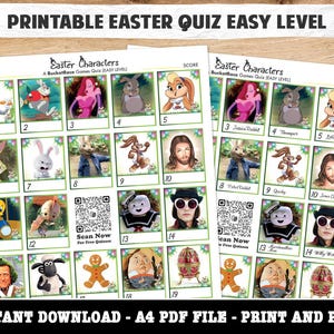 Op de afbeelding: Printbare paasquiz met 19 vakjes met cartoonfiguren zoals Bugs Bunny, Tweety Bird en de paashaas. Elk vakje heeft een nummer en een QR-code "scan nu" voor gratis vragen.