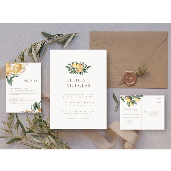 Modèle de suite d'invitation de mariage d'agrumes de citron, carte postale d'invitation de mariage d'été RSVP | Téléchargement numérique | Cécile