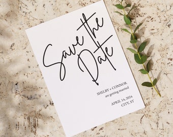 Minimalist modern save the date template, double-sided script save the date, Black & White save the date, photo save the date | Shelby