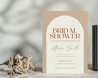 Boho bridal shower invite template, fall bridal shower, neutral bridal shower, rust bridal shower, arch bridal shower template | Allison