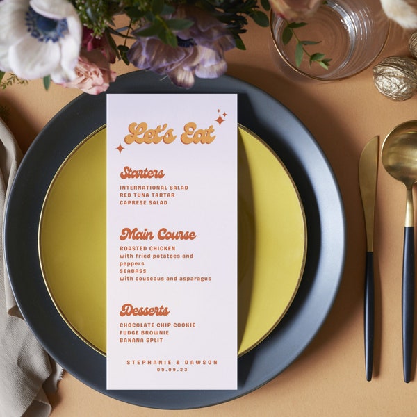 Retro wedding menu, disco neon wedding menu, pink&orange wedding menu, 70s inspired wedding menu template, lets eat menu | Stephanie