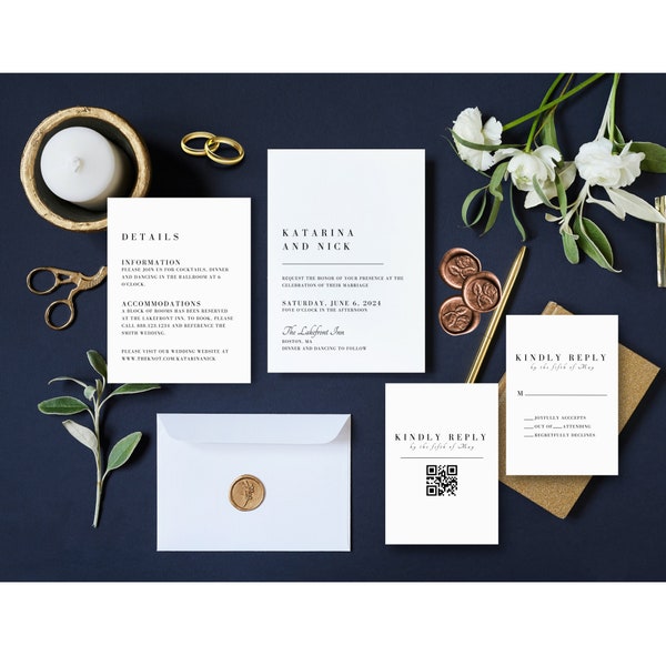 Modern, minimalist wedding invitation suite template, text-only invite, classic, elegant, timeless wedding invite template | Katarina