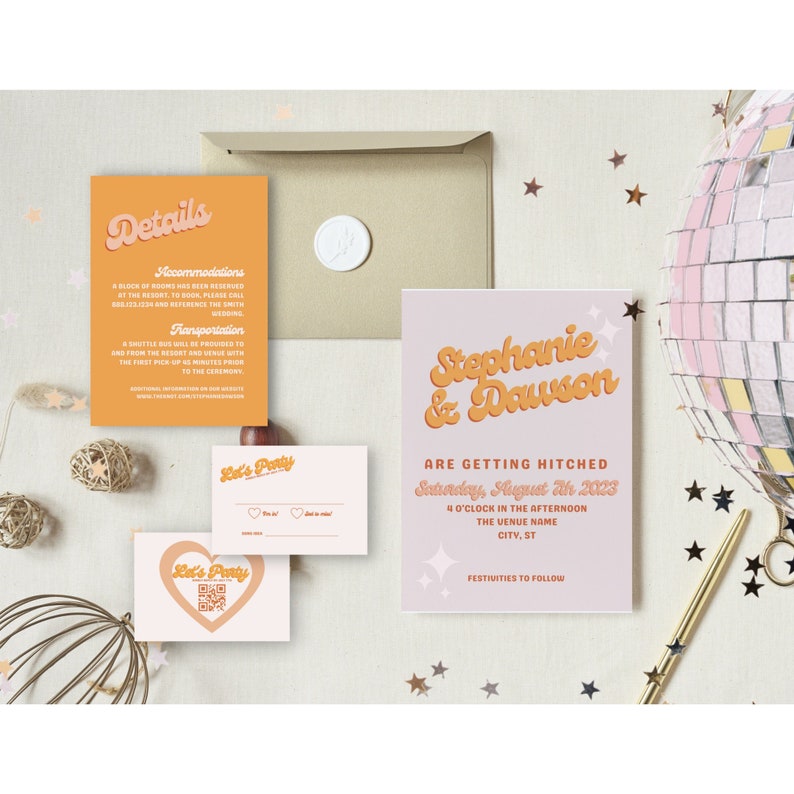 Retro wedding invitation suite, disco neon wedding invite, pink&orange wedding, 70s inspired wedding invite template, RSVP QR Stephanie image 1