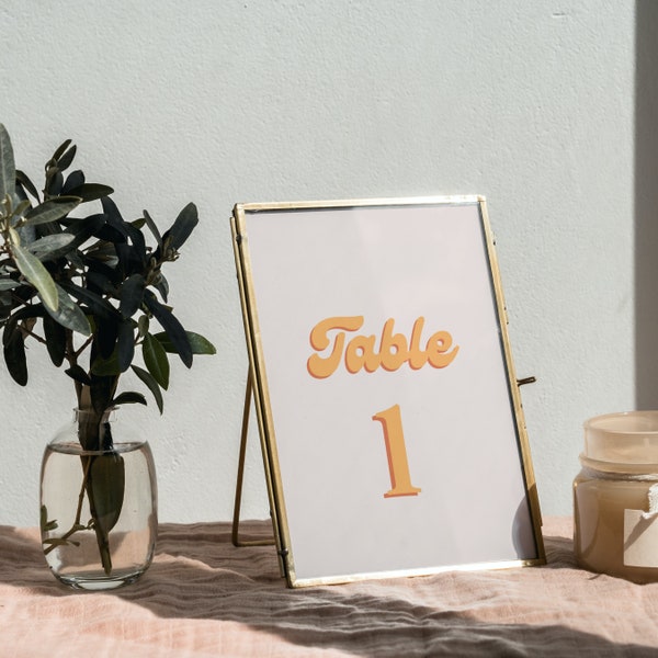 Retro table numbers, groovy table numbers, disco neon table number, pink&orange table number, 70s inspired table number template | Stephanie