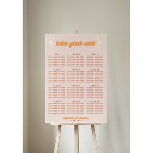 Retro groovy wedding seating chart sign, disco neon seating chart, pink&orange wedding seating chart, 70s inspired seating chart | Stephanie