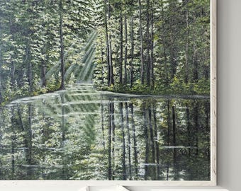 Original Oil Painting, Mountain Lake Reflection, Large Wall Art (20x20 inches)