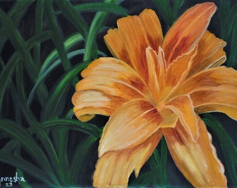 ORIGINAL - Ready to hang Daylily Flower Oil Painting Orange Floral Stillife Painting Wildflower Painting Drawing Modern Floral Oil on Canvas