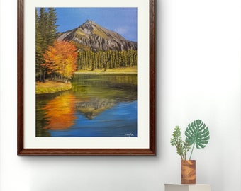 秋の湖の油絵：色鮮やかな秋の木々、風景画（20 x 16インチ） - Etsy 日本