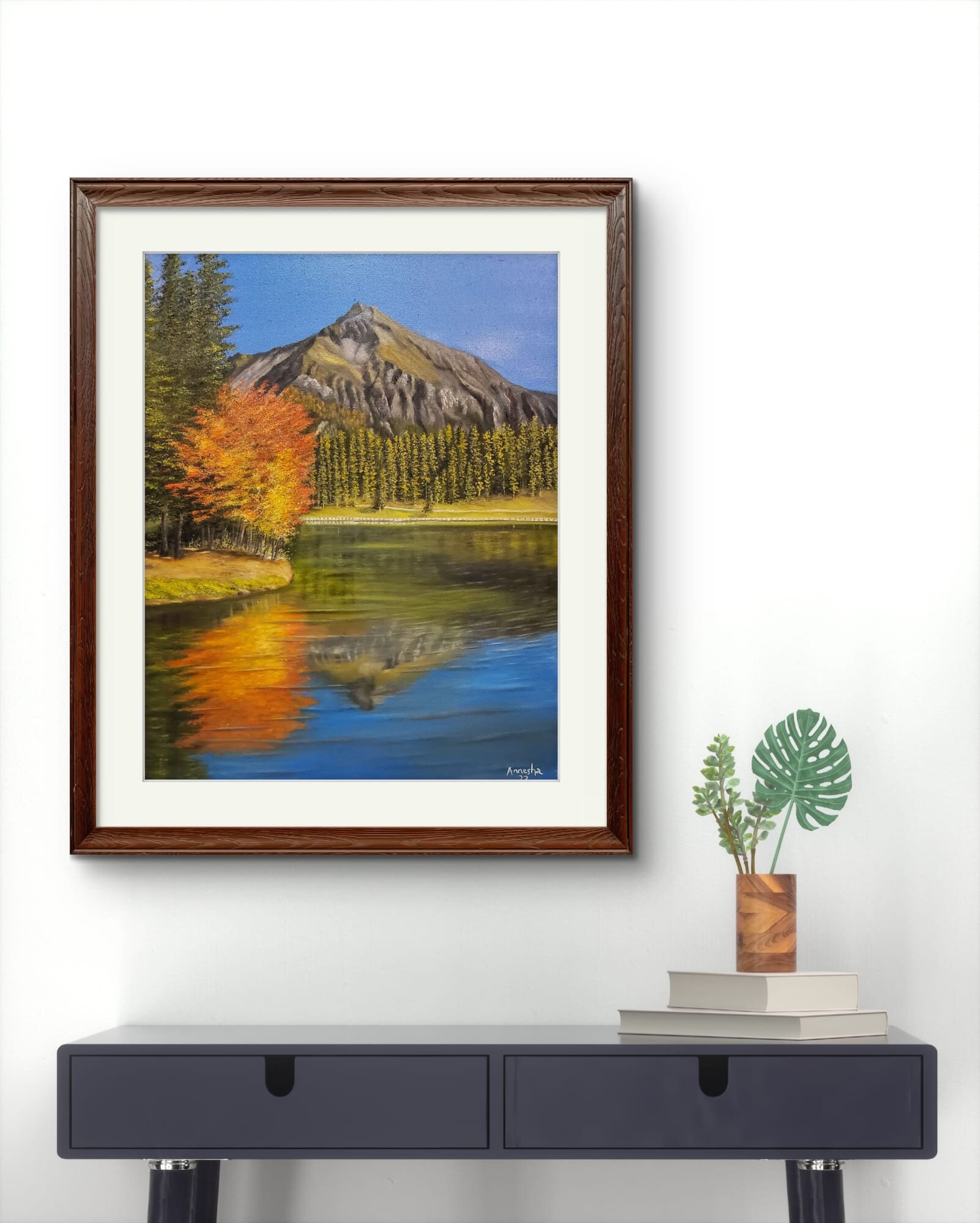 秋の湖の油絵：色鮮やかな秋の木々、風景画（20 x 16インチ） - Etsy 日本