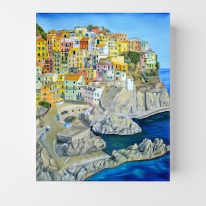 Cinque Terre Manarola painting Original oil Italy wall art handpainted vintage wall decor Coastal Seascape european painting traveller gift