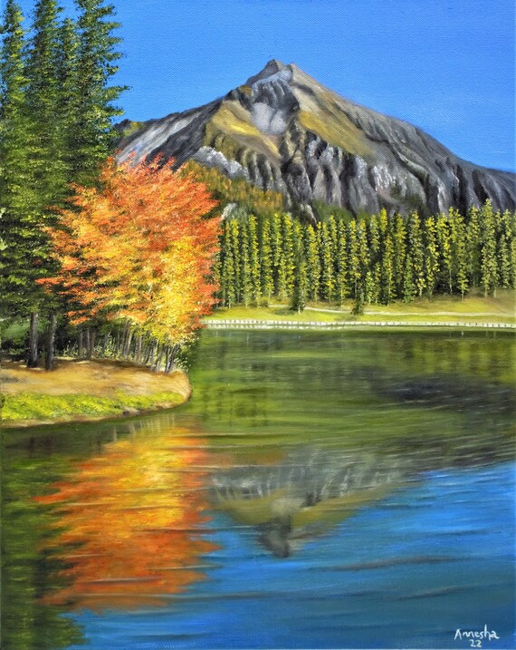 秋の湖の油絵：色鮮やかな秋の木々、風景画（20 x 16インチ） - Etsy 日本
