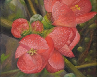 絵画 Oil painting of beautiful flowers. Quince Flower and Sake Jar Oil Painting: Oriental Style Framed Art