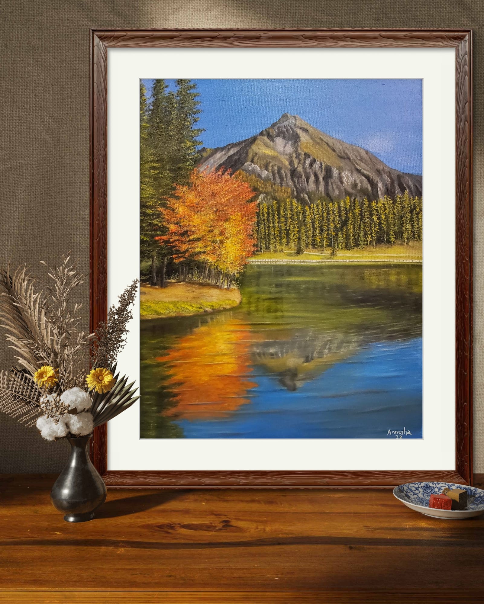 ホアンキエム湖での晩秋  (油絵) 秋の湖の油絵：色鮮やかな秋の木々、風景画（20 x 16インチ） - Etsy 日本