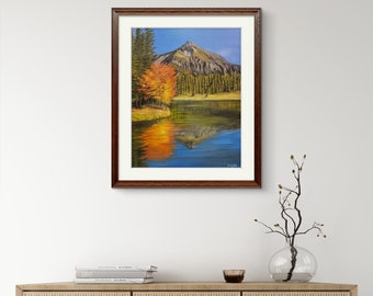 秋の湖の油絵：色鮮やかな秋の木々、風景画（20 x 16インチ） - Etsy 日本