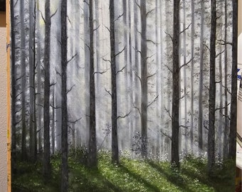 sunset into the forest landscape oil painting small vintage oil painting