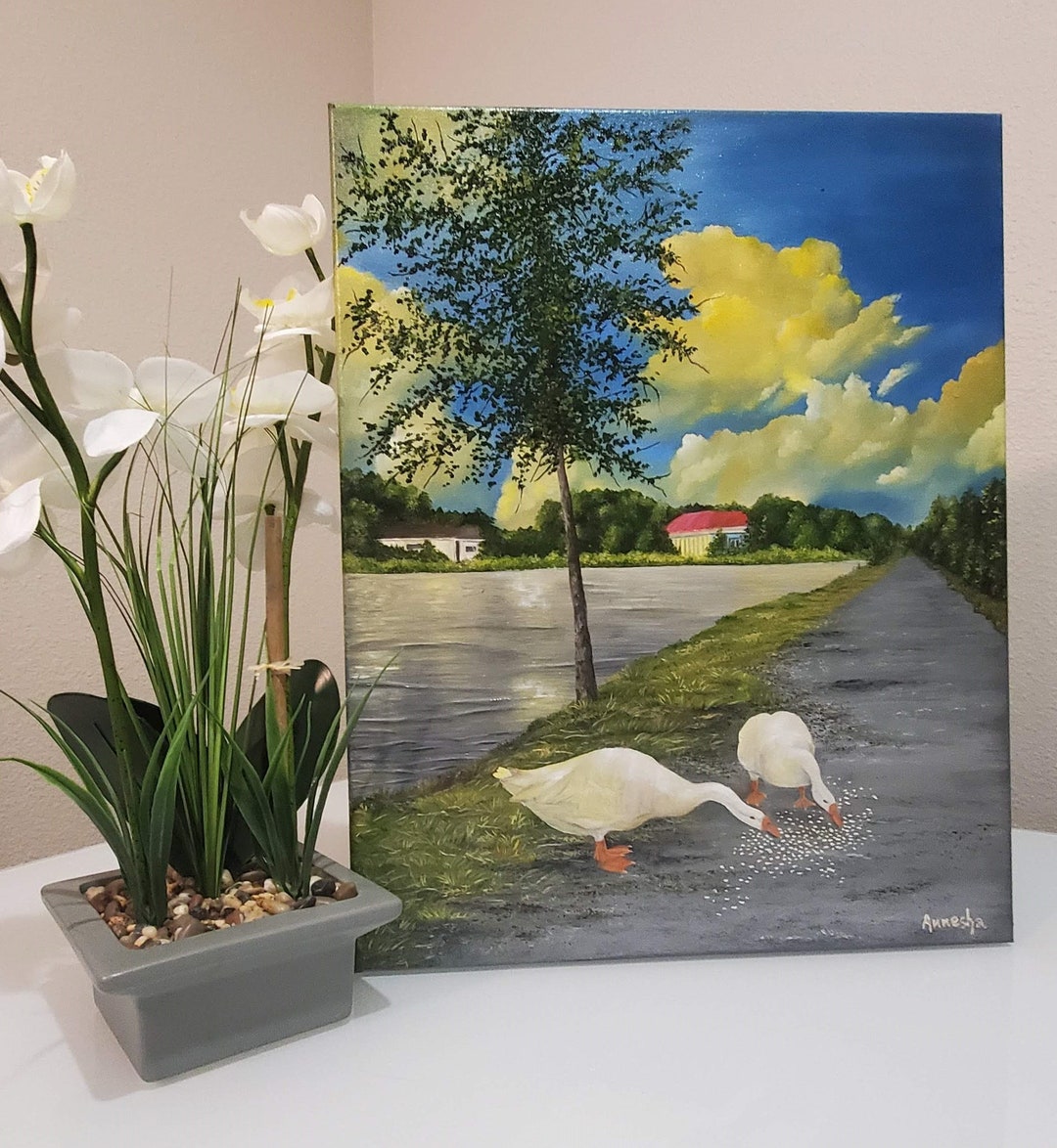 Duck Painting, the Sunset View of A Serene Neutral Landscape Oil