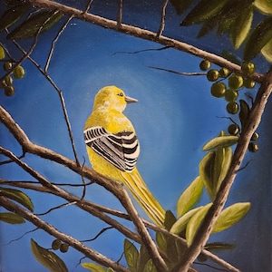 spotlight on saffron finch - Original Custom oil painting of Yellow Saffron Finch bird on canvas Miniature yellow bird small oil painting
