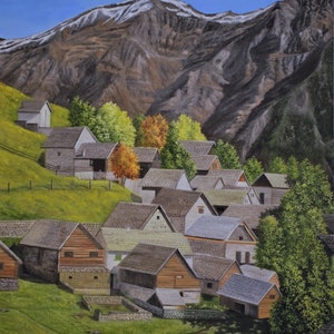 Switzerland Village painting Original Switzerland fall Landscape on canvas vintage oil painting Switzerland original oil painting on canvas