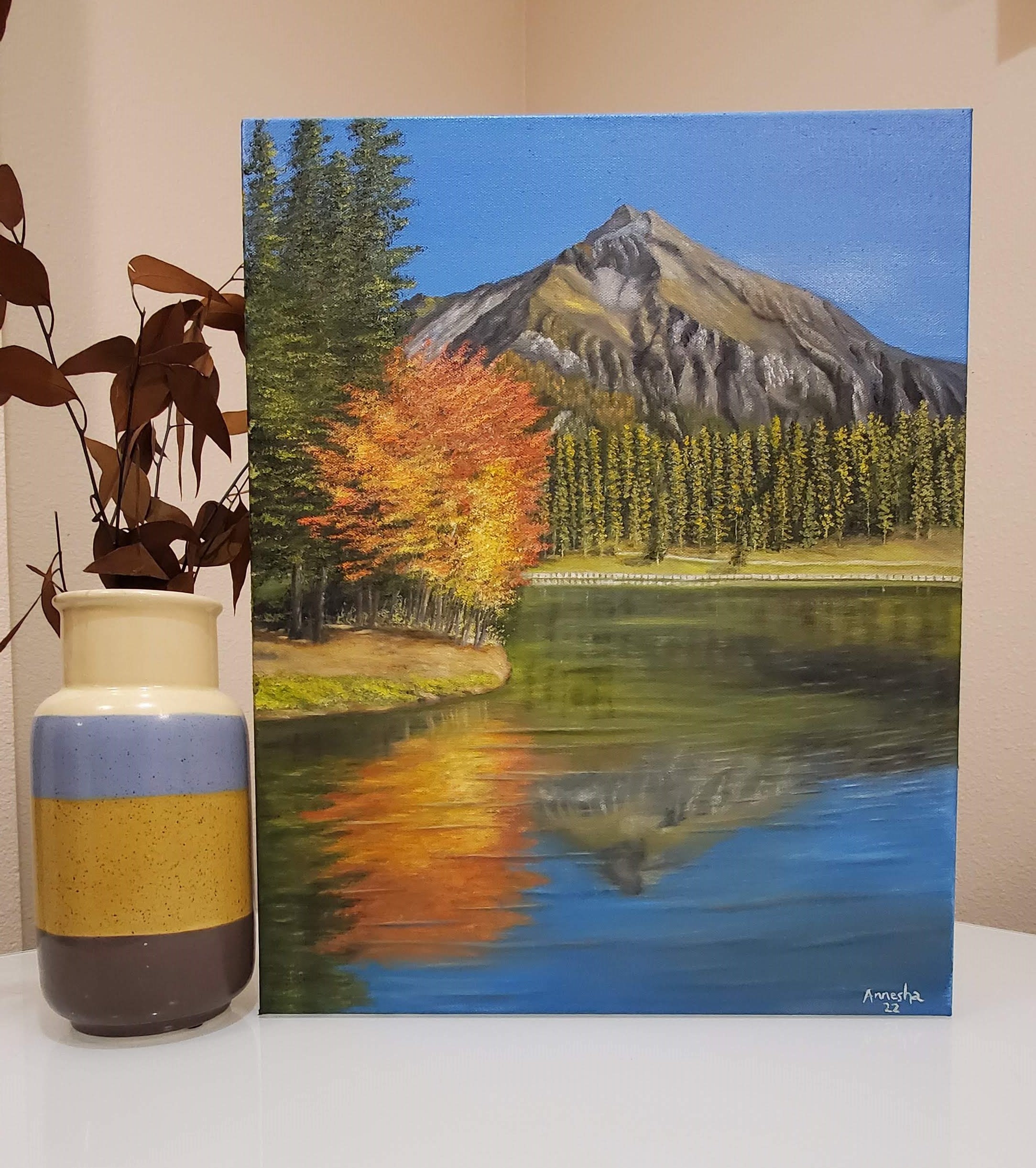秋の湖の油絵：色鮮やかな秋の木々、風景画（20 x 16インチ） - Etsy 日本